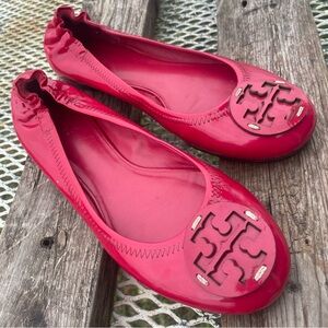 Tory Burch Pink Fuchsia Hibiscus Reva Patent Leather Ballet Travel Flats Sz 8